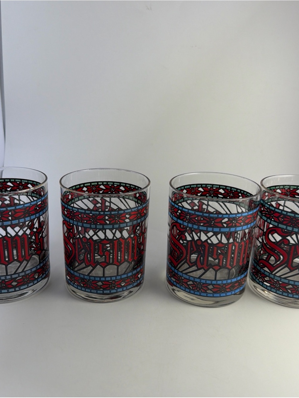 Season’s Greetings Glasses Double Old Fashioned Gold Rim Houze Set of 4